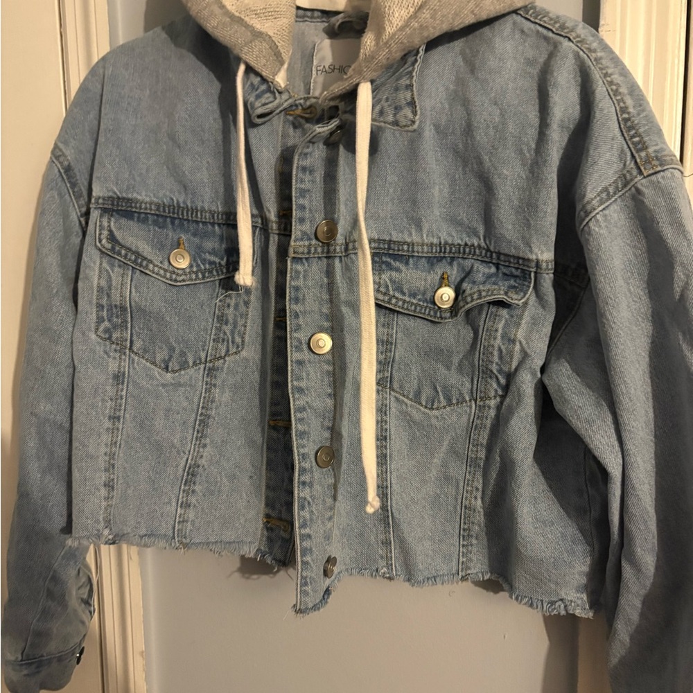 Fashion Nova Light Blue Jean Jacket with Gray Hood